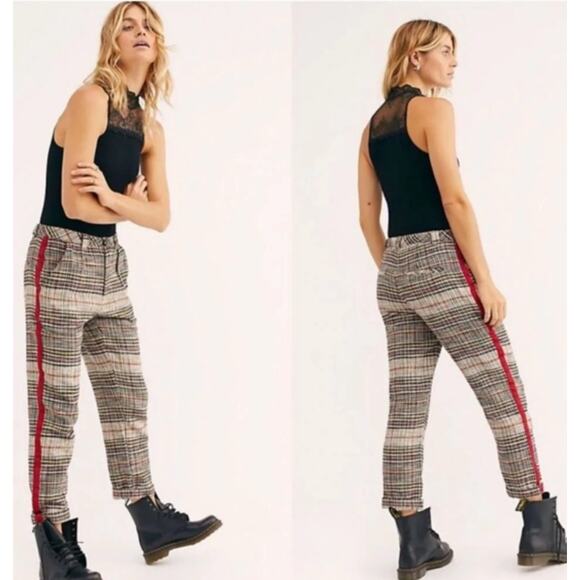 Free People Good Vibes Plaid Pants Size 0 Straight Leg Pinstripe Punk Grunge - Picture 2 of 14